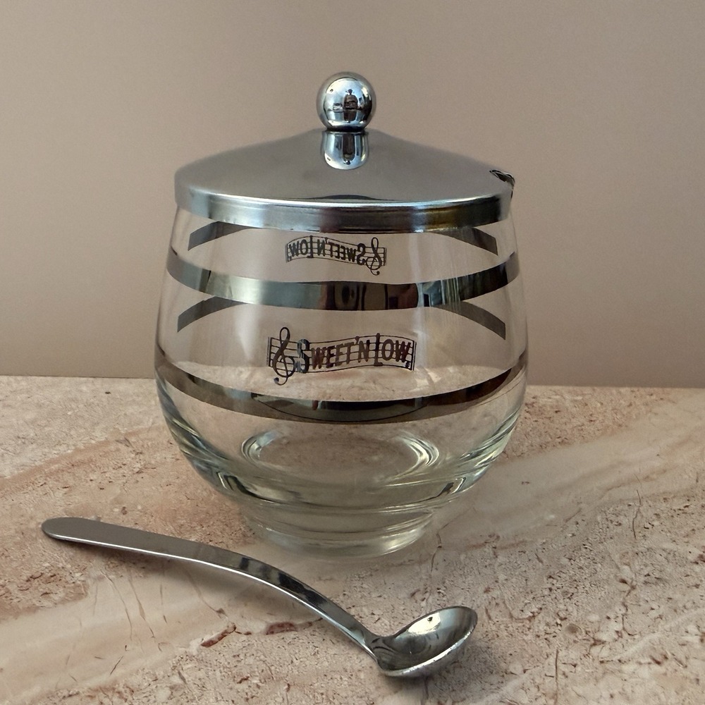 Vintage Sweet 'n Low Glass Sugar Bowl Jar Chrome Lid + Spoon Mid Century Kitchen